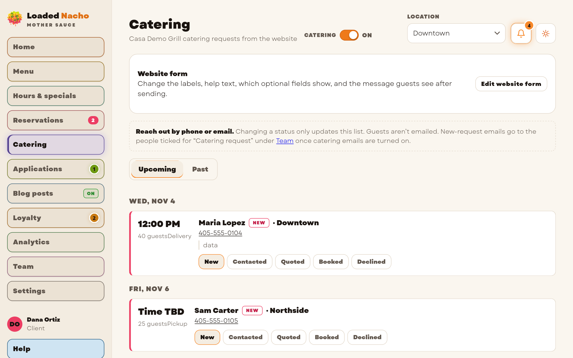 Mother Sauce catering requests, organized screen, demo data