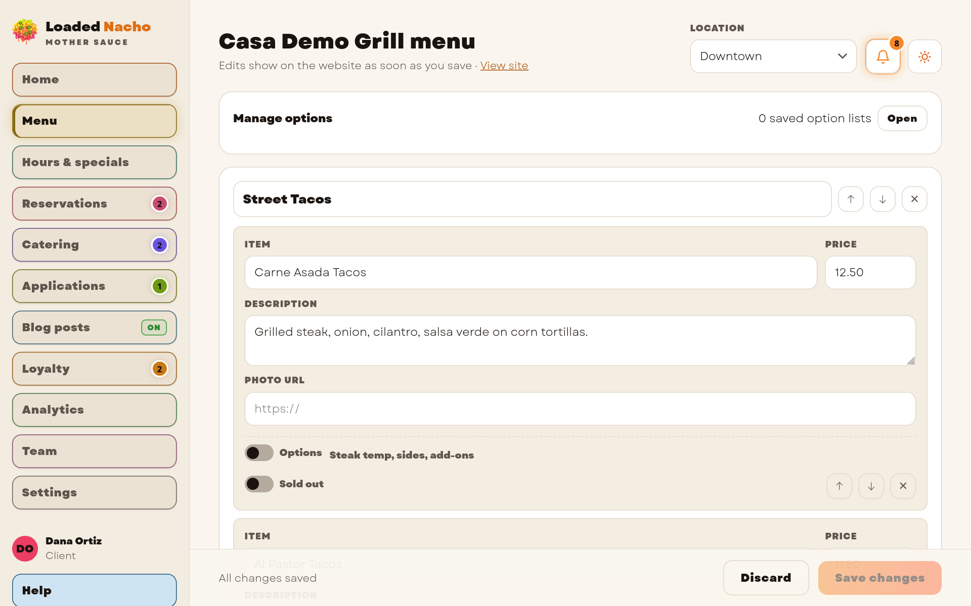 Mother Sauce edit your menu in seconds screen, demo data