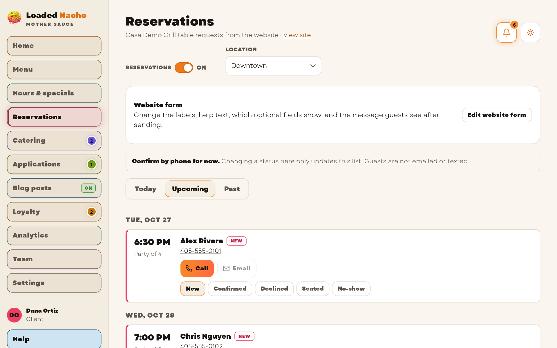 Mother Sauce reservations in one list screen, demo data